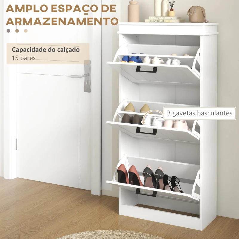 HOMCOM Sapateira Estreita com 3 Portas Basculantes e Prateleiras Ajustáveis para 15 Pares de Sapatos, Branco