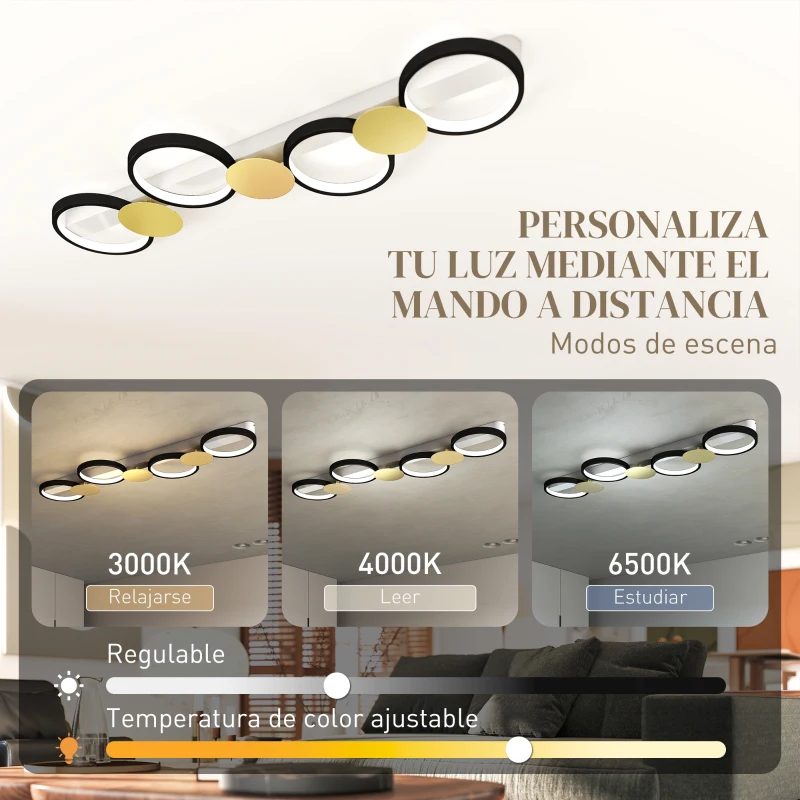 HOMCOM Lámpara de Techo Regulable con 4 Focos Mando a Distancia Modos de Escena 1500 lm 38 W 3000 K-6500 K Negro y Dorado