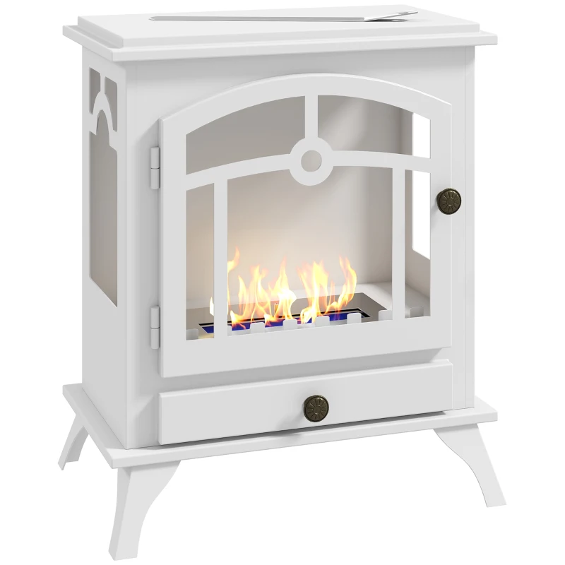 HOMCOM Estufa de Bioetanol de Pie con Tanque de 0,9 L Apagallamas de Acero Inoxidable Tiempo de Combustión 3H 45x28x54cm Blanco