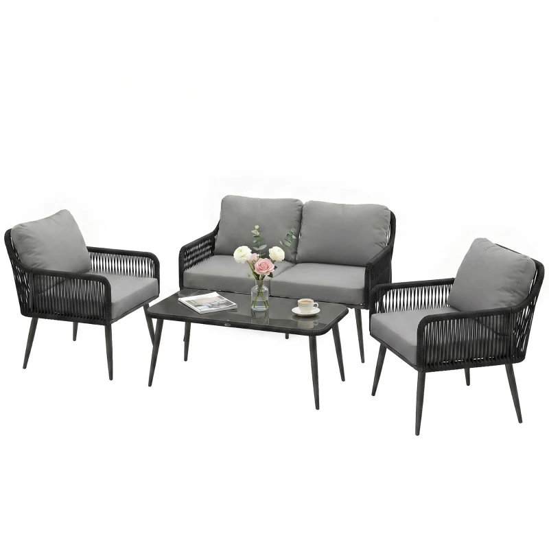 Outsunny Rattan Garden Furniture Set, 4 Piece Outdoor Patio Furniture with Tempered Glass Table and Chairs, Indoor Balcony Conservatory Set