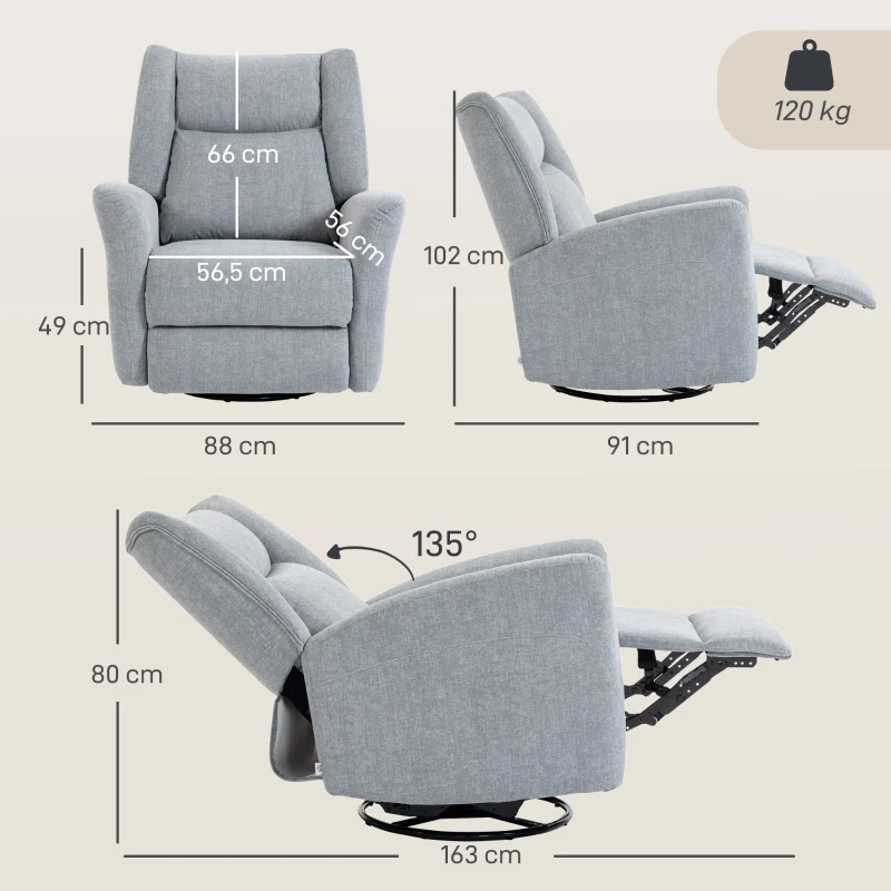 HOMCOM Poltrona de balanço com função giratória, tecido resistente a arranhões e assento amplo e profundo para sala de estar, Cinza claro