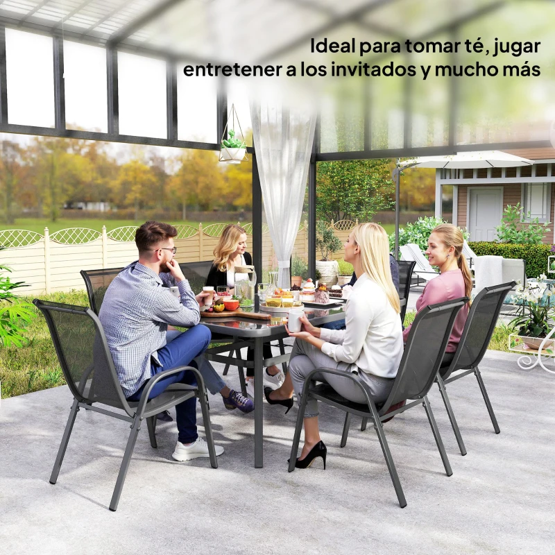 Outsunny Juego de Mesa y 6 Sillas para Terraza con Orificio para Sombrilla y Encimera de Cristal para Terraza Patio Gris