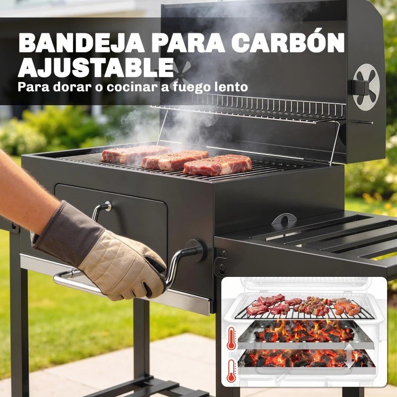 Outsunny Barbacoa de Carbón con Bandeja Ajustable Estantes Plegables Ruedas Termómetro Tapa Chimenea Ventilaciones y Cesta
