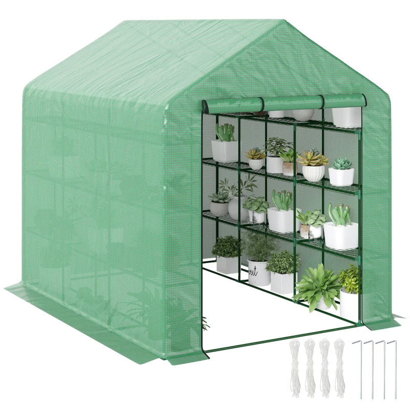 Outsunny Invernadero de Exterior con Estantes de 4 Niveles Puerta con Cremallera y Marco de Acero 244x180x210 cm Verde