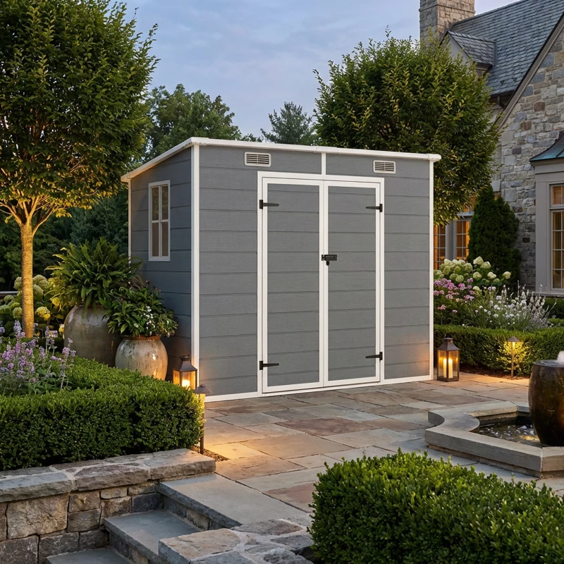 Outsunny Casetta da Giardino in Resina con Pavimento, 2 Porte con Blocco, Finestra, 2.4 x 1.3 m, Grigio