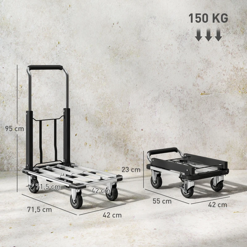 HOMCOM Carretilla de Mano Plegable de Aluminio Carga 150 kg con Ruedas Mango Ajustable y Plataforma Extensible Plata y Negro