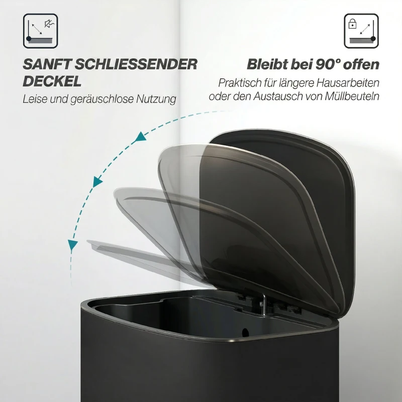 HOMCOM Poubelle cuisine 50L, poubelle à pédale, seau intérieur amovible, couvercle à fermeture douce, 45,1x36,5x62,6cm, noir
