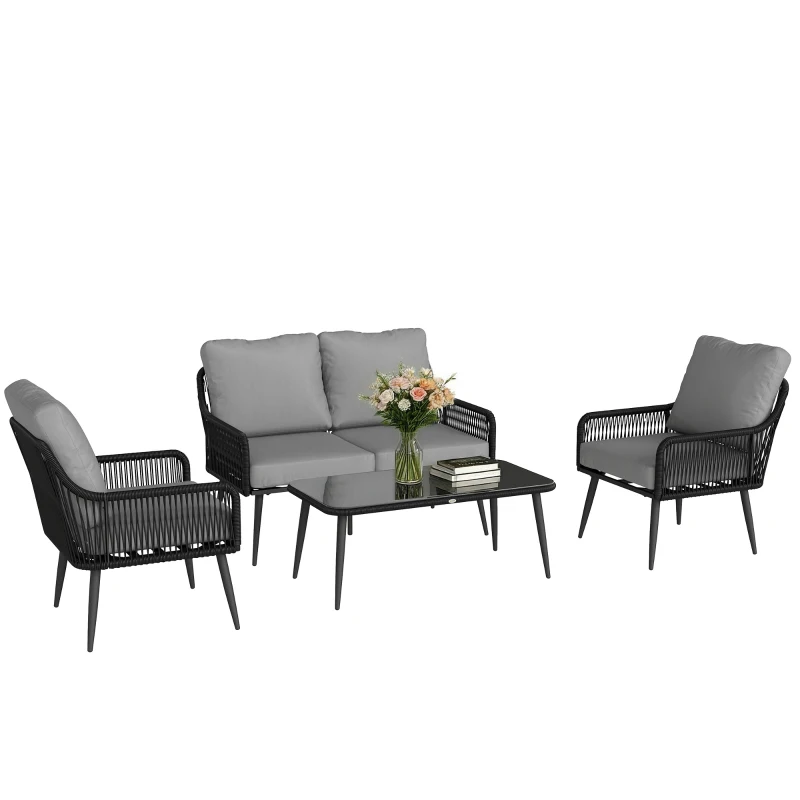Outsunny Rattan Garden Furniture Set, 4 Piece Outdoor Patio Furniture with Tempered Glass Table and Chairs, Indoor Balcony Conservatory Set