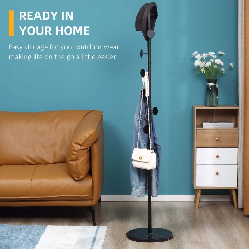 HOMCOM Coat Rack, Free Standing Hat Stand with 8 Hooks for Clothes, Hats, Steel Coat Stand with Marble Base for Entryway, Bedroom, Black