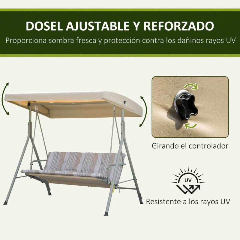 Outsunny Balancín de Jardín Exterior Columpio de 3 Plazas con Toldo Ajustable y Marco de Acero 172x110x156 cm Marrón Claro