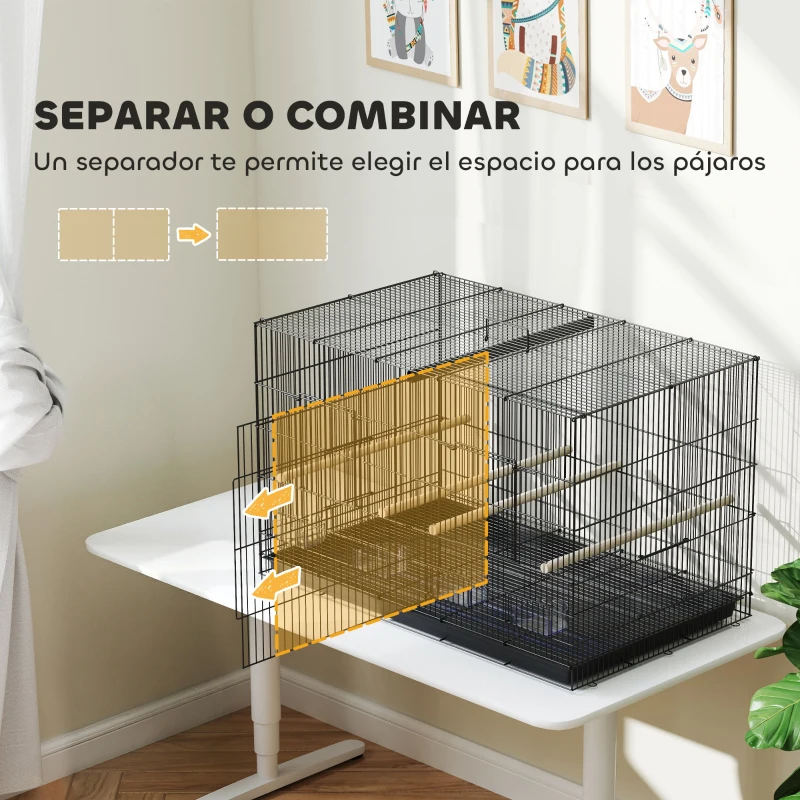 PawHut Jaula para Pájaros con Divisor 4 Comederos 4 Perchas Bandeja Extraíble para Loros Canarios Periquitos 94x57x57 cm Negro