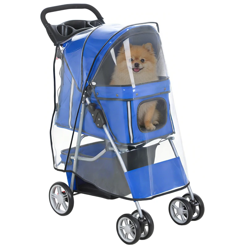 PawHut Passeggino per Cani Pieghevole con Copertura Antipioggia, Ruote Girevoli e Cuscino Lavabile, Blu
