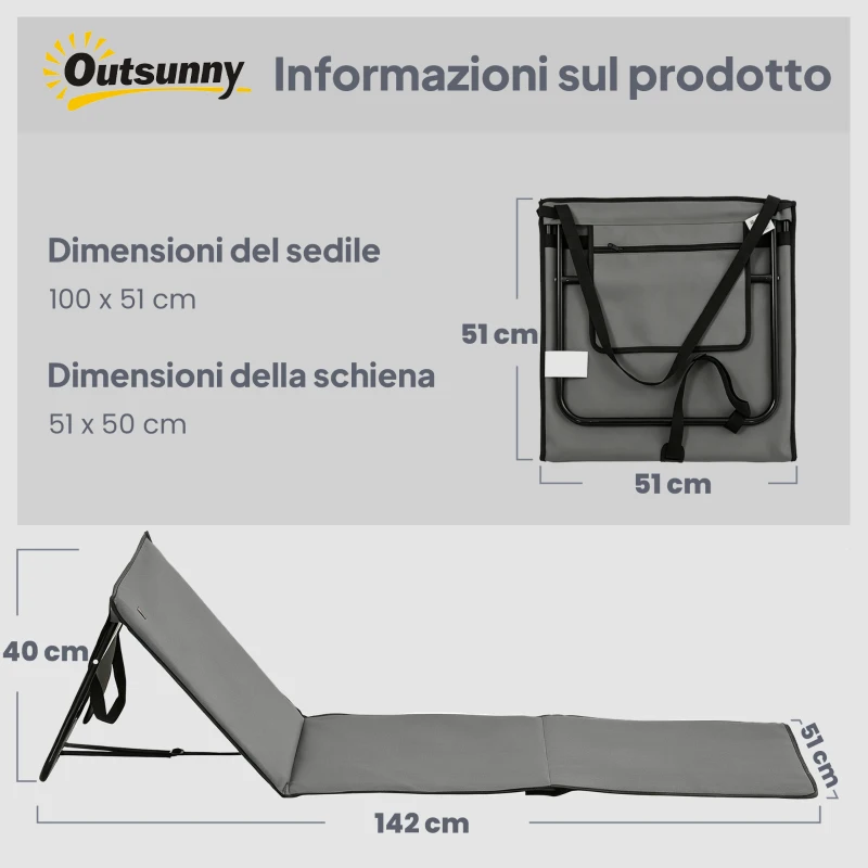 Outsunny Set 2 Sdraio da Spiaggia Pieghevoli e Regolabili con Tasca, in Acciaio e Poliestere, 142x51x40 cm, Grigio