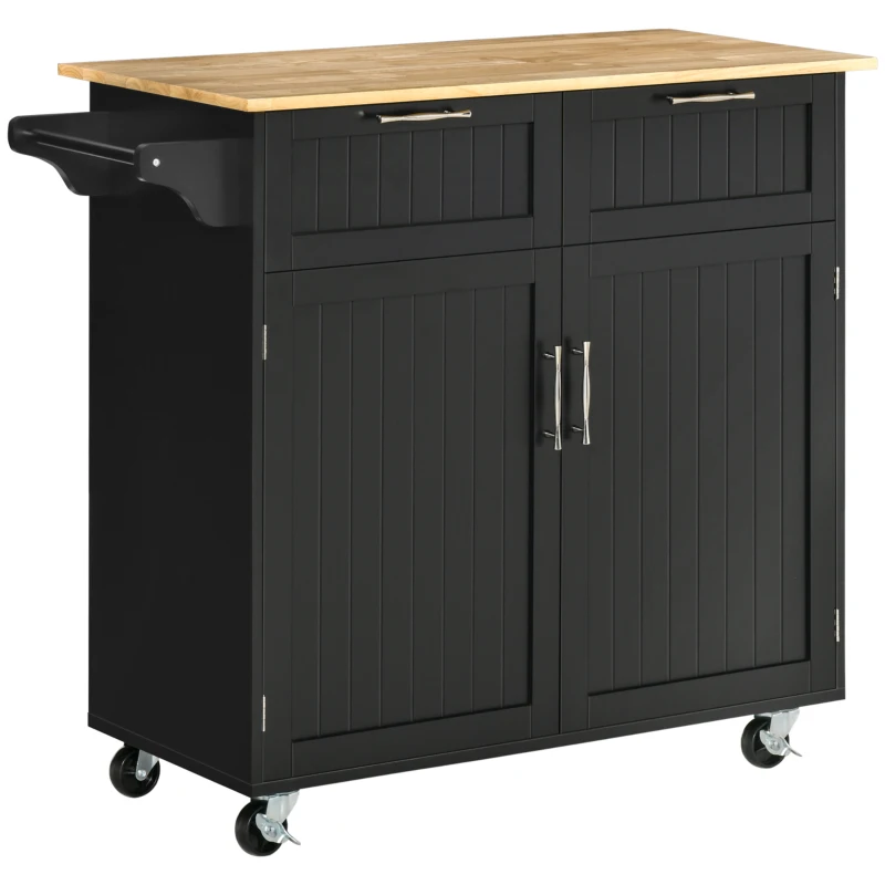 HOMCOM Carrello da Cucina Multiuso in Legno con 2 Cassetti, Armadietto e 4 Ruote, 104x46x91cm, Nero