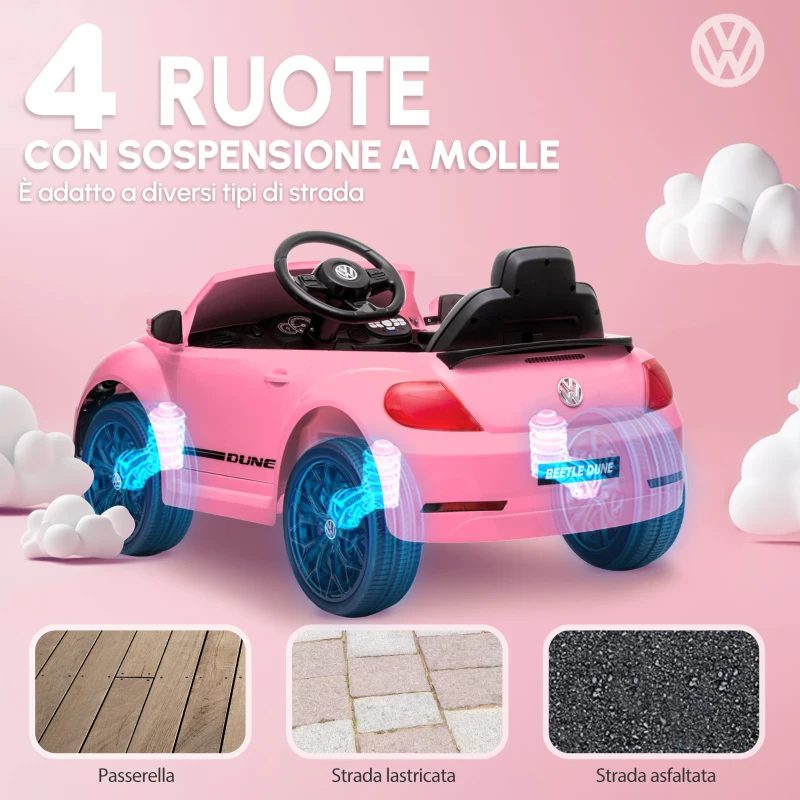 AIYAPLAY Veicolo elettrico per bambini, VW Käfer, 3-5 km/h, con telecomando e musica, Rosa