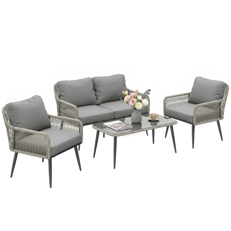 Outsunny Rattan Garden Furniture Set, 4 Piece Outdoor Patio Furniture with Tempered Glass Table and Chairs, Indoor Balcony Conservatory Set