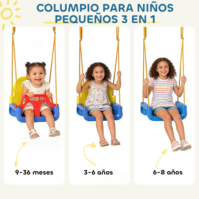 AIYAPLAY Columpio para Bebés 3 en 1 con Cuerdas Ajustables Cinturón de Seguridad Marco de Acero Plegable Azul