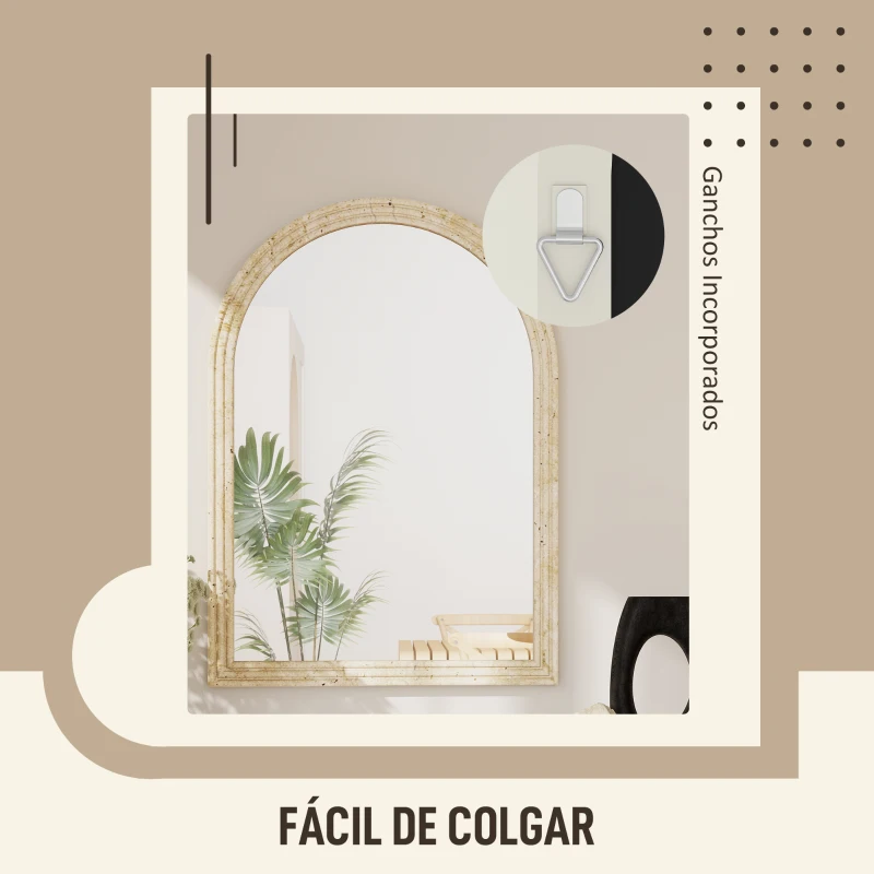 HOMCOM Espejo de Pared Arqueado Espejo de Baño 60x90 cm con Marco de Imitación de Piedra para Salón Dormitorio Entrada Beige