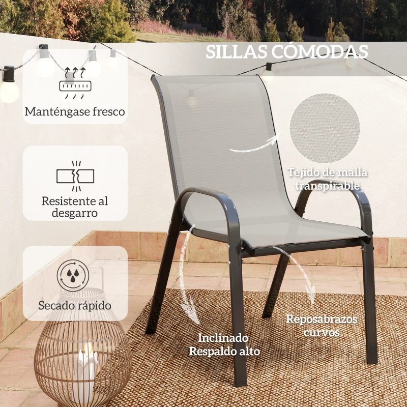 Outsunny Conjunto de Jardín de 3 Piezas con Mesa Redonda Encimera de Vidrio y Sillas Apilables para Exteriores Gris Claro