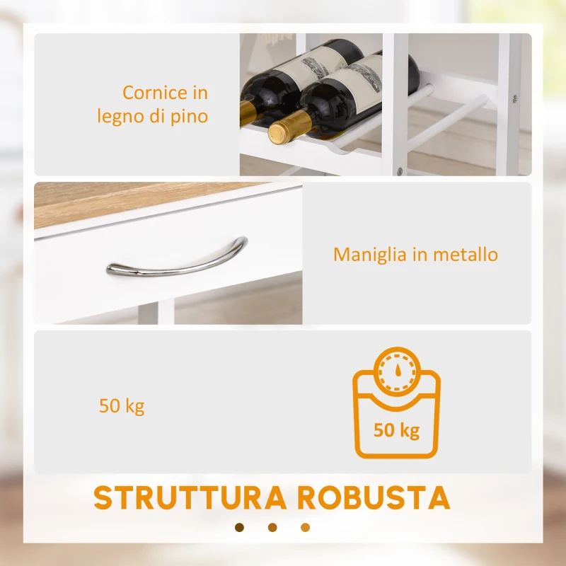 HOMCOM Carrello Da Servizio Carrello Da Cucina A Ruote 2 Ripiani + Piano Estraibile + Cassetto Legno Di Pino Bianco Quercia Chiara