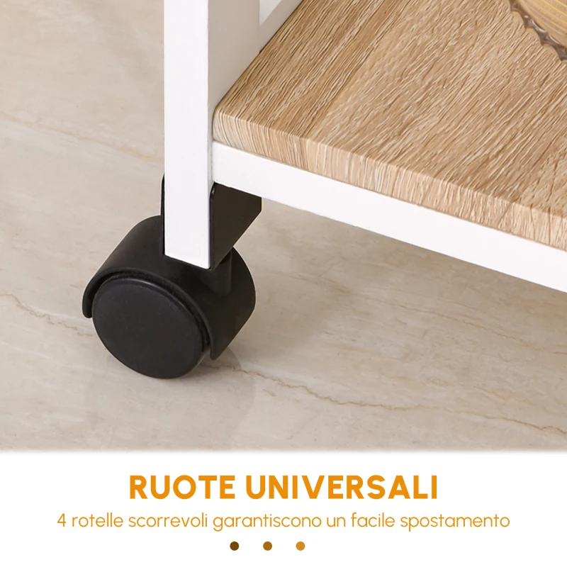 HOMCOM Carrello Da Servizio Carrello Da Cucina A Ruote 2 Ripiani + Piano Estraibile + Cassetto Legno Di Pino Bianco Quercia Chiara