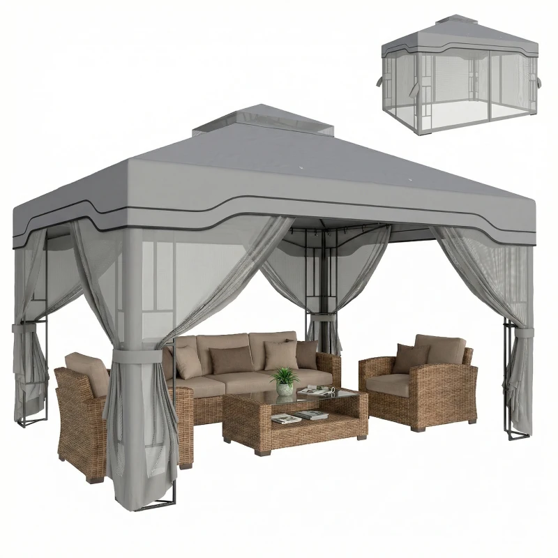 Outsunny 3 x 3.6 m Outdoor Garden Gazebo with Post Shelves, UPF50+ Patio Permanent Pavilion with Hook, Dark Grey