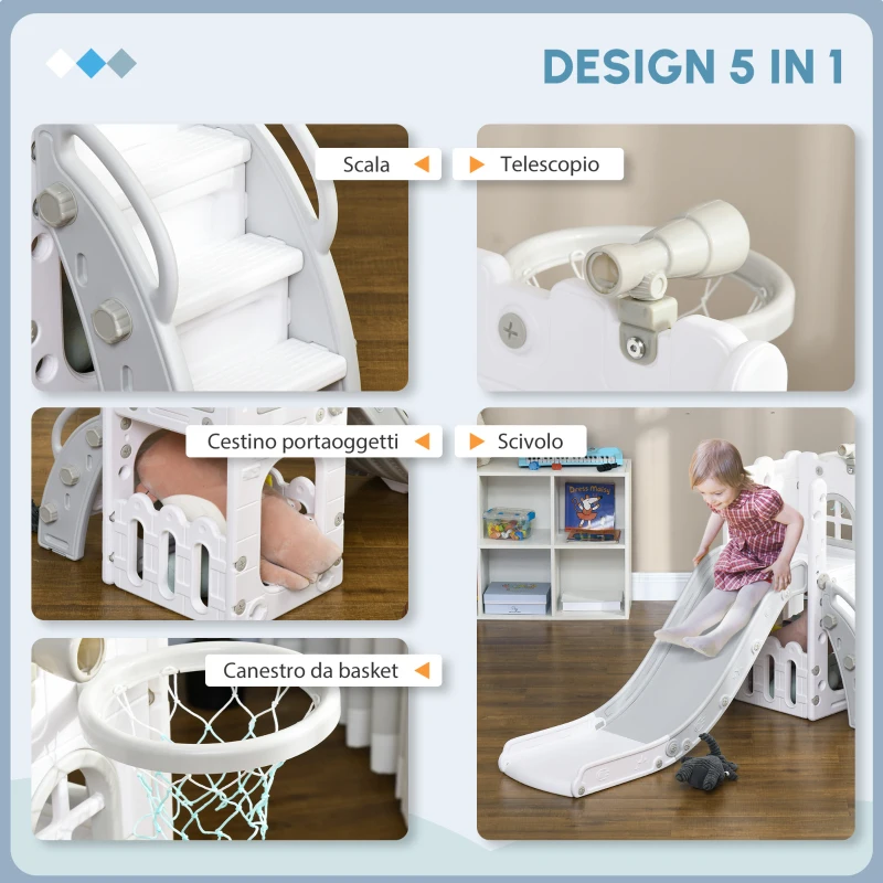 AIYAPLAY Scivolo per Bambini 5 in 1 con Canestro da Basket Telescopio Scaletta e Cesto Inferiore per Interni Bianco e Grigio