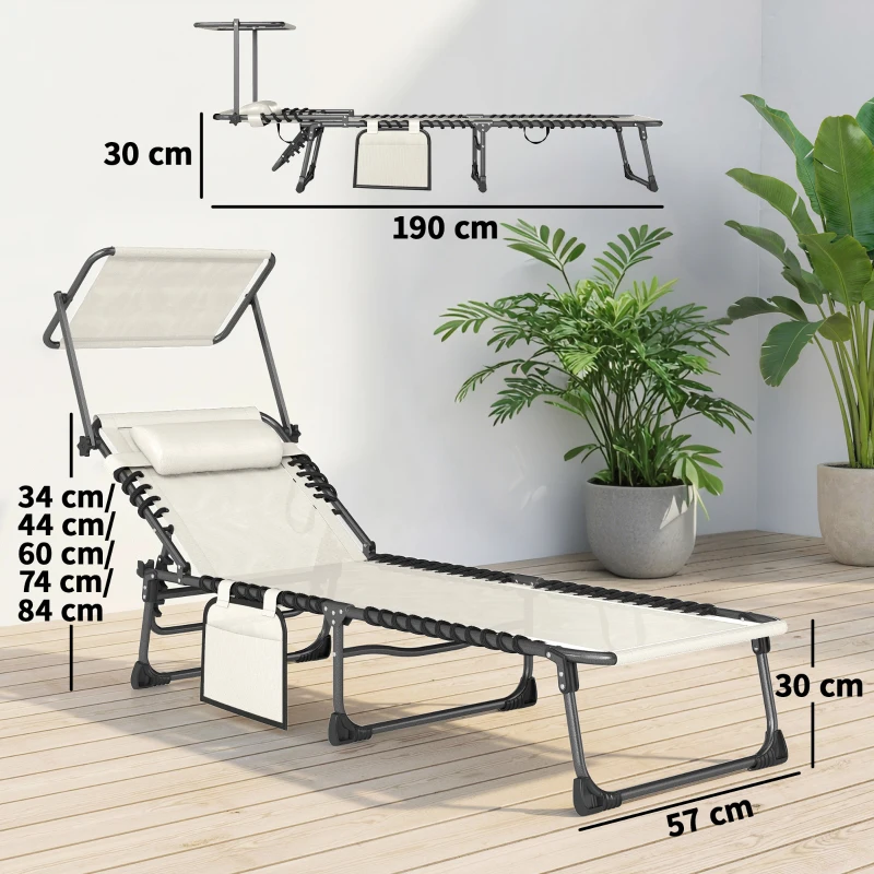 Outsunny Set de 2 Tumbonas Plegables con Reposacabezas Parasol Bolsillo Lateral y Respaldo Reclinable en 5 Posiciones Crema