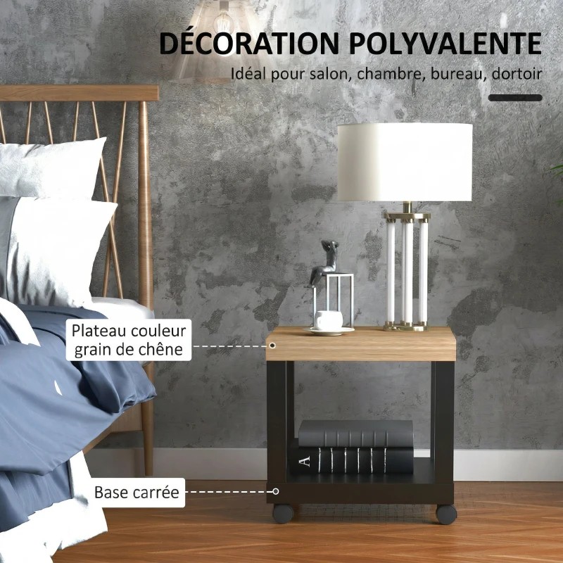 HOMCOM Table d'appoint roulante, table basse moderne avec étagère ouverte, 40 x 40 x 40 cm, bois naturel & noir