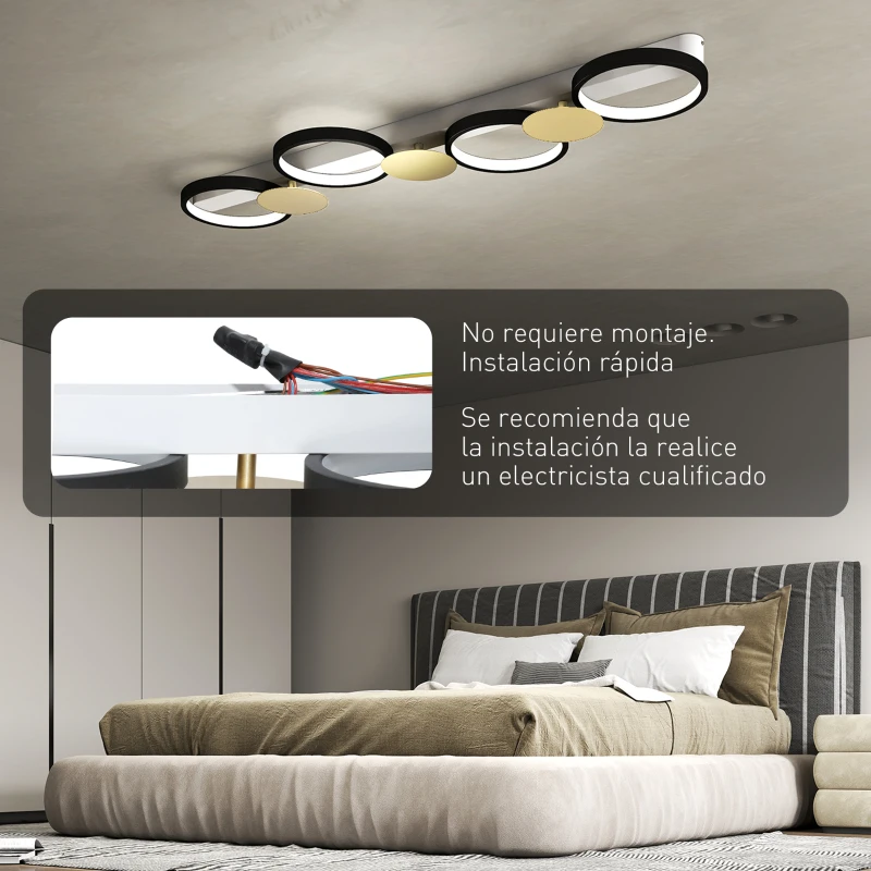 HOMCOM Lámpara de Techo Regulable con 4 Focos Mando a Distancia Modos de Escena 1500 lm 38 W 3000 K-6500 K Negro y Dorado