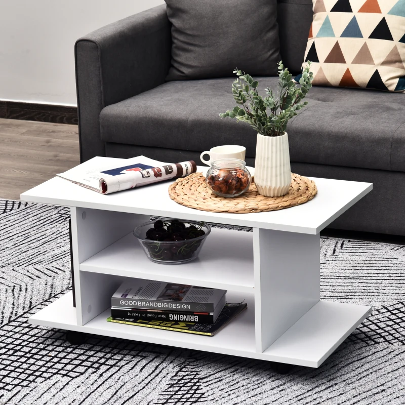 HOMCOM Meuble TV avec roulettes pivotantes, banc TV en bois avec étagères, support télé pour télévision jusqu'à 42 pouces, style contemporain pour salon chambre et bureau, 80 x 40 x 40 cm, blanc