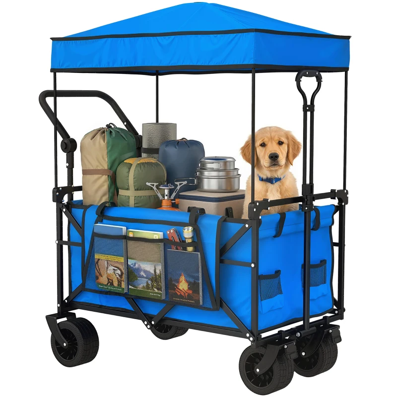 Outsunny Carro de Jardín Plegable con Ruedas Grandes Bloqueables Barra Ajustable Portavasos para Campaña 125x59x133 cm Azul