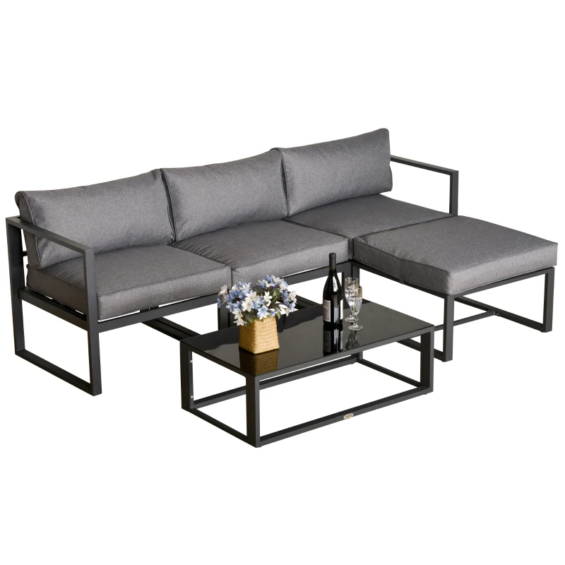 Outsunny 5 Pieces Outdoor Patio Furniture Set, Sofa Couch with Glass Coffee Table, Cushioned Chairs and Aluminum Tube, for Balcony Garden Backyard, Grey