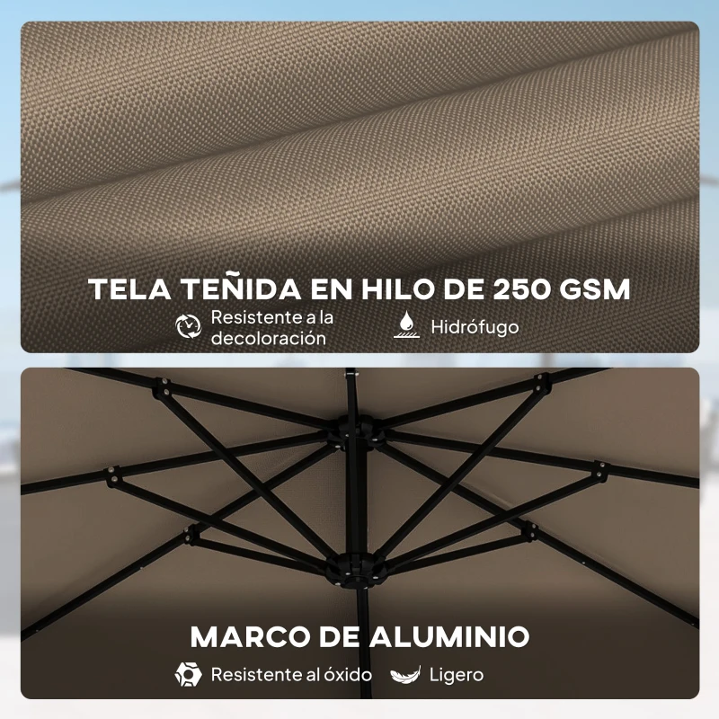 Outsunny Parasol Excéntrico 2,9x2,9 m de Aluminio con Manivela Inclinación Ajustable Giratorio 360° Base Cruzada y Funda Caqui