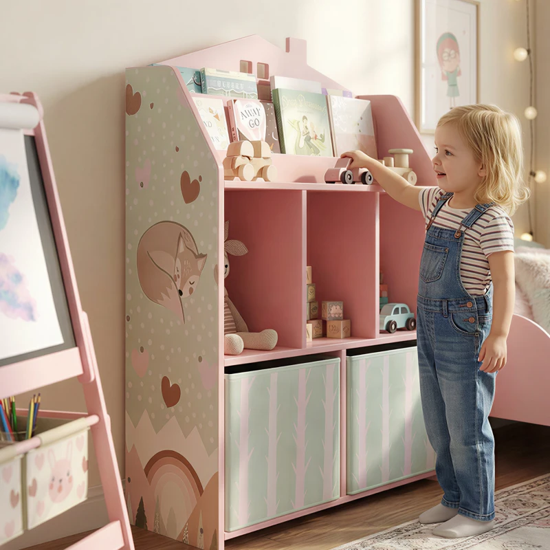 AIYAPLAY Scaffale Portagiochi Bambini in Legno FSC, 2 Contenitori Rimovibili in Tessuto e Ripiani, per Cameretta, Rosa