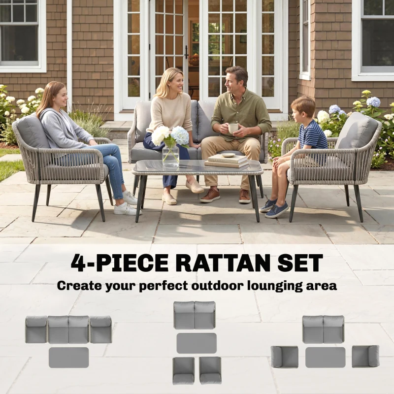 Outsunny Rattan Garden Furniture Set, 4 Piece Outdoor Patio Furniture with Tempered Glass Table and Chairs, Indoor Balcony Conservatory Set