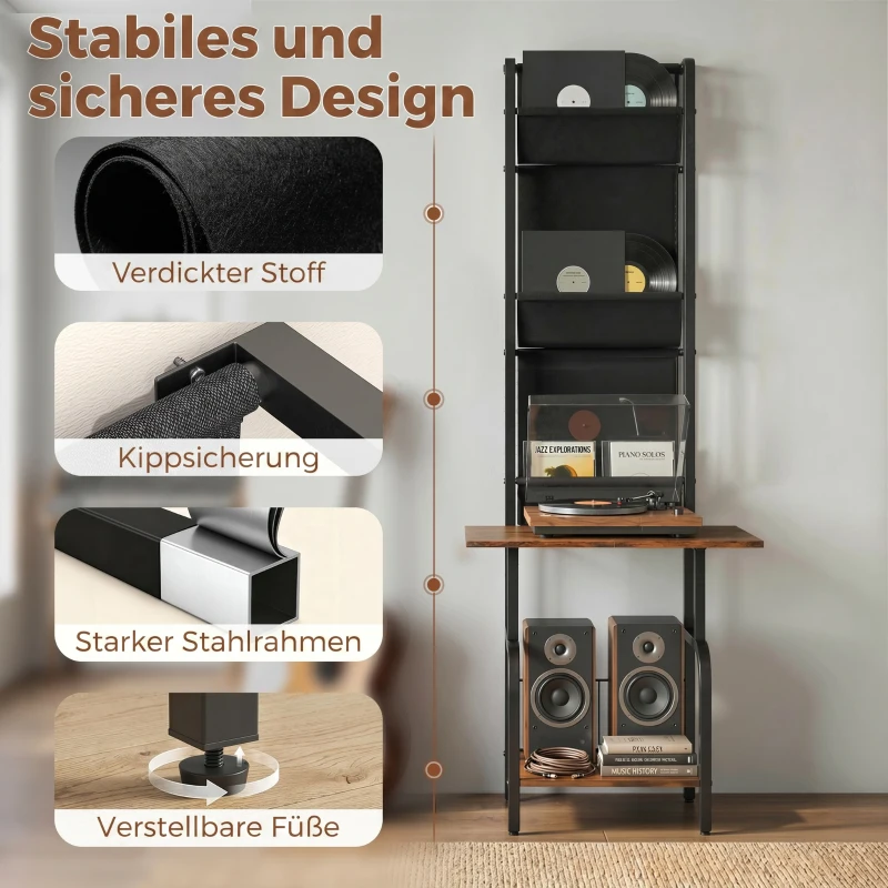 HOMCOM Industrielles CD-Regal, CD-Aufbewahrung, DVD-Ständer mit 3 Stofftaschen und Tischplatte, Rustikale Holzoptik in Braun