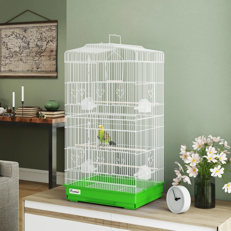 PawHut Jaula para Pájaros Pajarera de Metal con 4 Comederos 3 Perchas Columpio y Bandeja Extraíble Asa 46,5x35,5x92 cm Verde