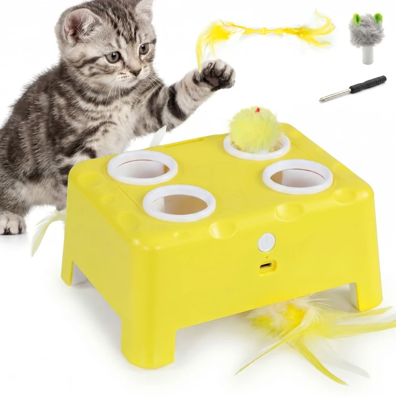 PawHut 3 in 1 Interactive Cat Toys with Mouse & Feather Teaser Toy Rechargeable Automatic for Indoor Kittens & Adult Cats