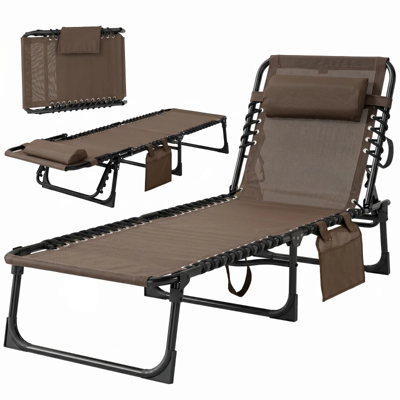 Outsunny Tumbona Plegable con Respaldo Ajustable Reposacabezas Acolchado y Estructura de Acero para Exterior 189x58x30 cm Marrón
