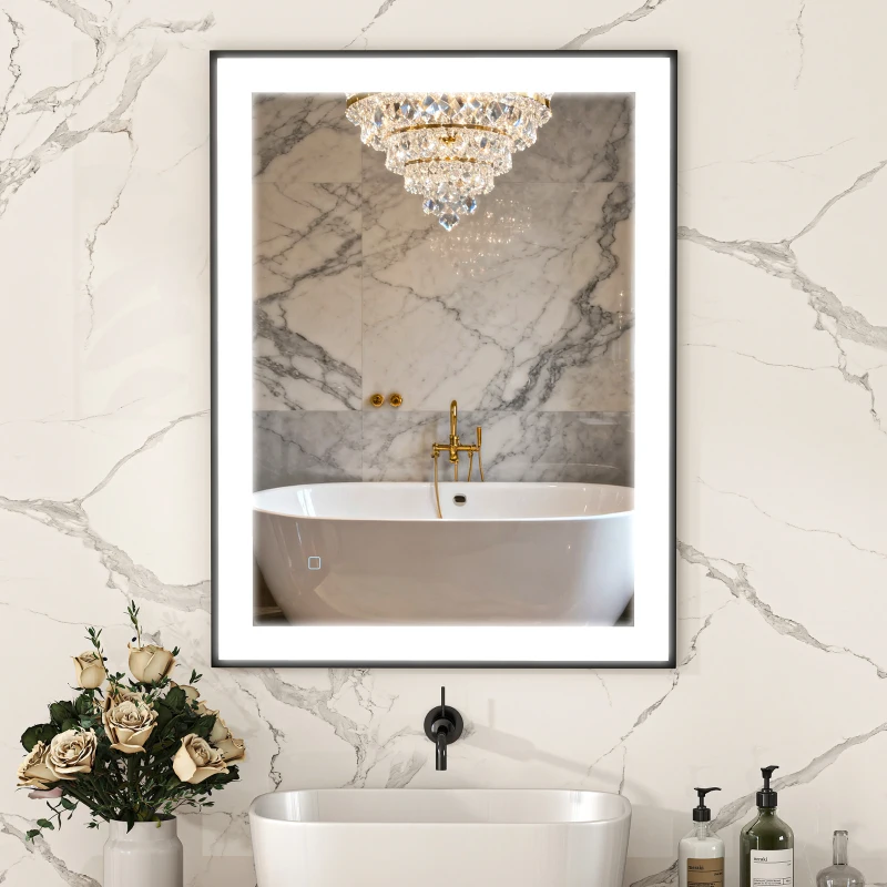 HOMCOM Espejo de Baño con Luz LED 80x60 cm con 3 Colores de Luz Función Antivaho Función de Memoria IP44 Horizontal/Vertical