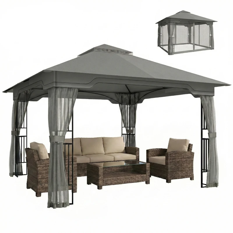 Outsunny 3.3 x 3.3 m Outdoor Garden Gazebo with Post Shelves, UPF50+ Patio Permanent Pavilion with Hook, Dark Grey