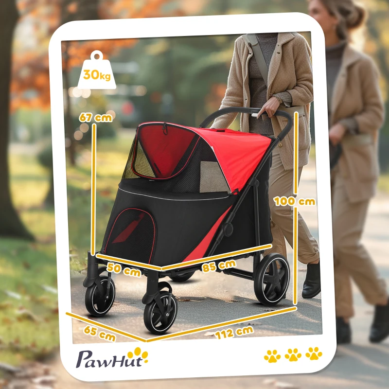 PawHut Passeggino per Cani Pieghevole con Ingressi a Cerniera e Finestre a Rete, 112x65x100 cm, Nero e Rosso