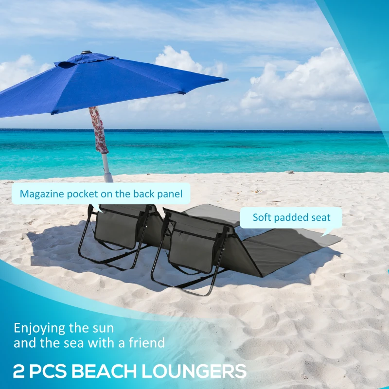 Outsunny Set of 2 Foldable Garden Beach Chair Mat, Outdoor Sun Lounger Seats with Adjustable Back, Magazine Pocket, Carry Strap