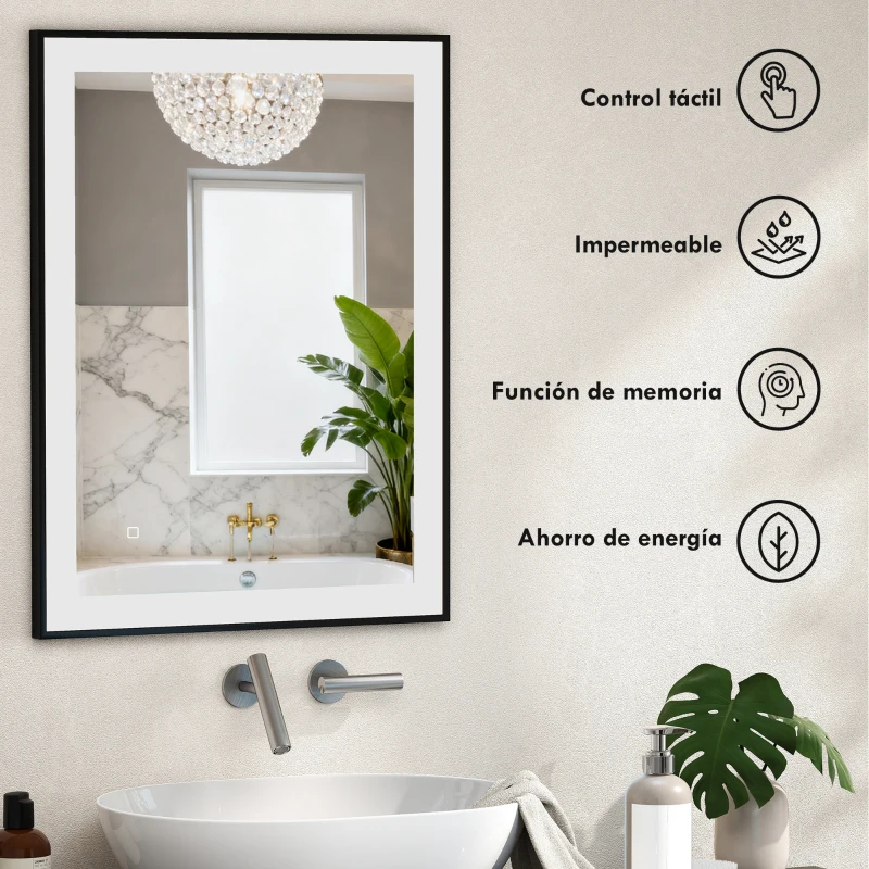 HOMCOM Espejo de Baño con Luz LED 80x60 cm con 3 Colores de Luz Función Antivaho Función de Memoria IP44 Horizontal/Vertical