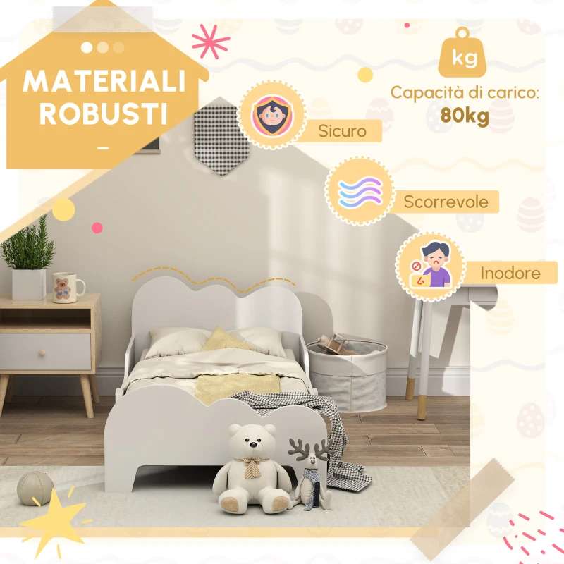 AIYAPLAY Letto per bambini letto a terra bambino 70x140 cm con sponda di sicurezza, doghe incluse e decorazioni a nuvola, bianco