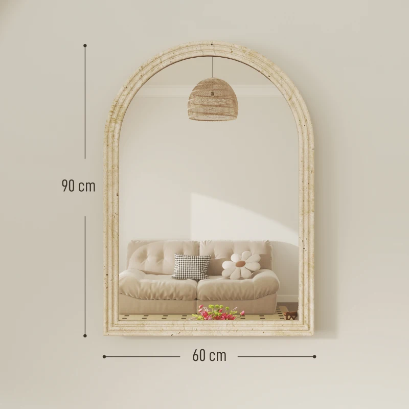 HOMCOM Espejo de Pared Arqueado Espejo de Baño 60x90 cm con Marco de Imitación de Piedra para Salón Dormitorio Entrada Beige