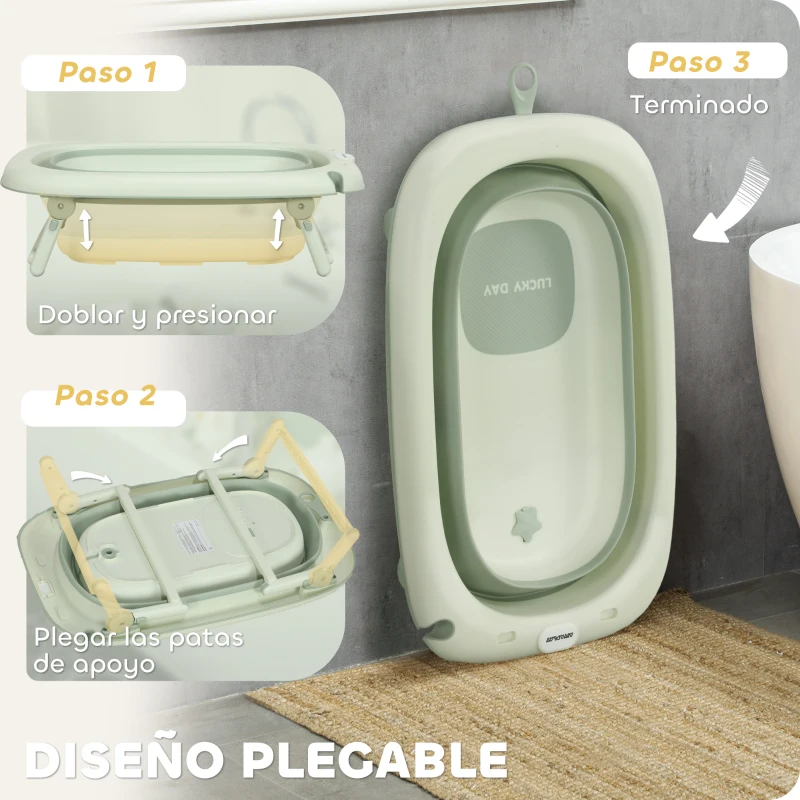 AIYAPLAY Bañera Plegable Bebé con Cojín de Baño Soporte con Botón Orificio de Drenaje y de Ducha Repisa Gancho Verde