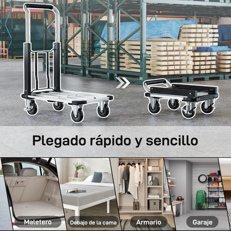 HOMCOM Carretilla de Mano Plegable de Aluminio Carga 150 kg con Ruedas Mango Ajustable y Plataforma Extensible Plata y Negro