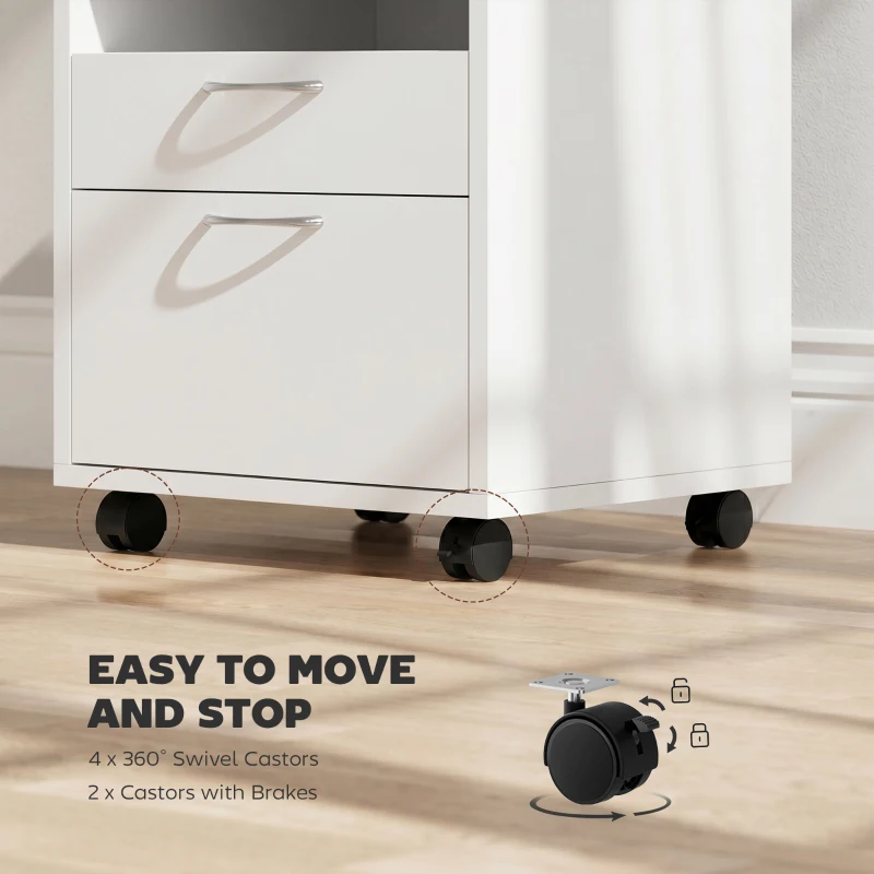 HOMCOM 60cm Filing Cabinet with Drawer, Open Shelf, Metal Handles and 4 Wheels, Office Home Organiser Mobile Printer, White
